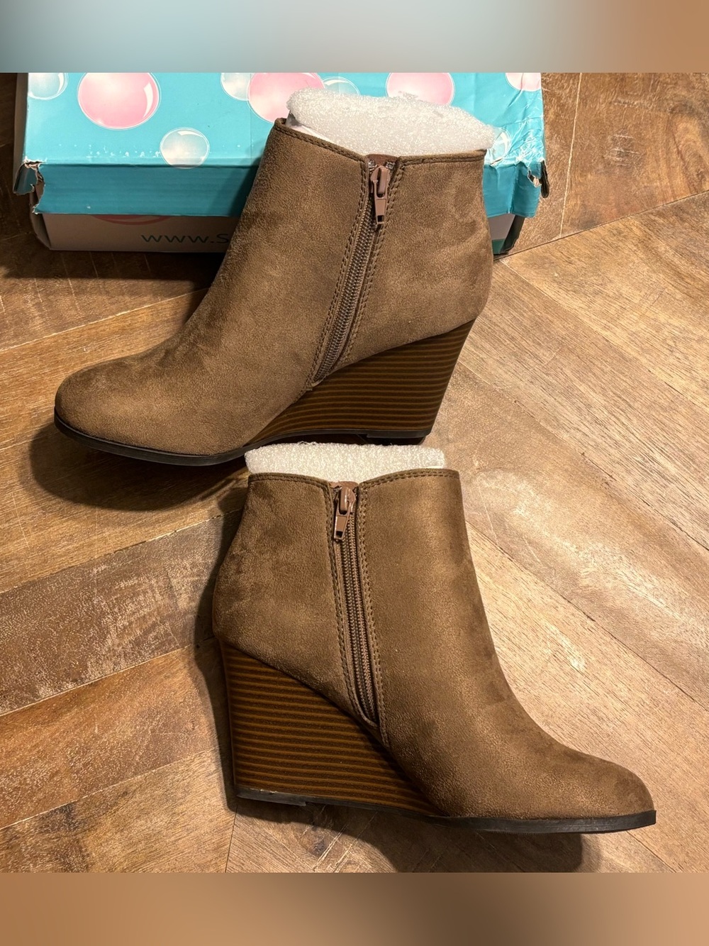 NEW IN BOX by Soda - Brown/Taupe Wedge Ankle Booties with Side Zipper - Picture 10 of 16